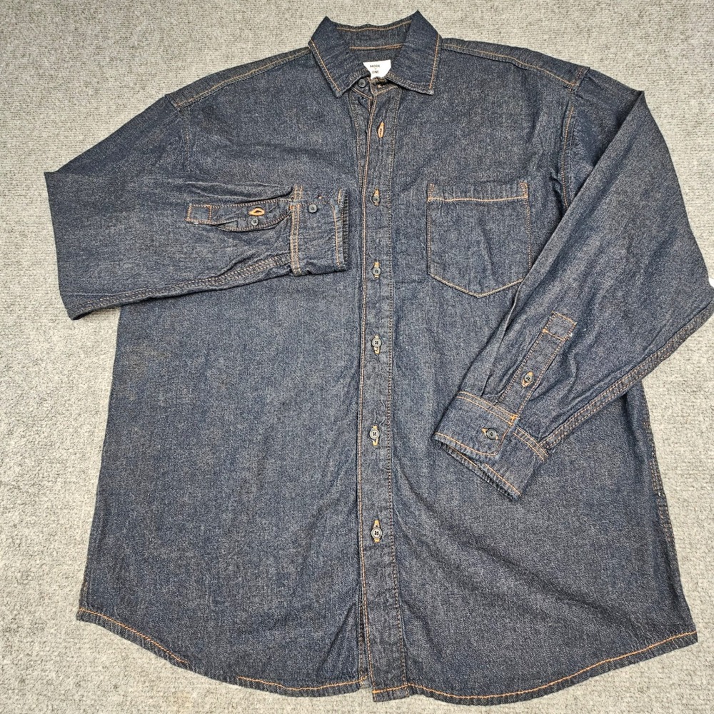 Mode of One Mens Denim Shirt Long Sleeve Button Down Pocket Dark Wash Navy M
